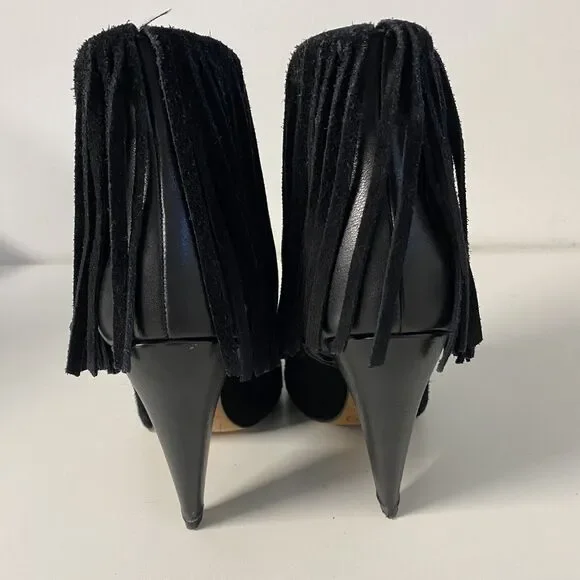 IRO Xabea Black Suede Leather Bootie Ankle Boot Fringe Point Toe Cone He…